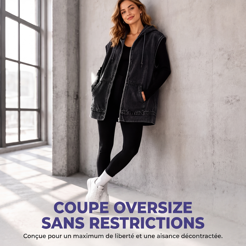 Veste sans manches à capuche en jean décontractée pour femme