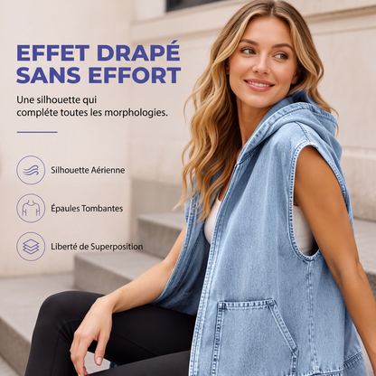 Veste sans manches à capuche en jean décontractée pour femme