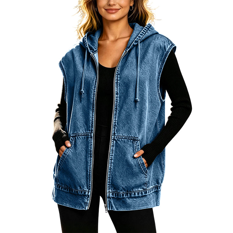 Veste sans manches à capuche en jean décontractée pour femme
