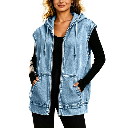 Veste sans manches à capuche en jean décontractée pour femme