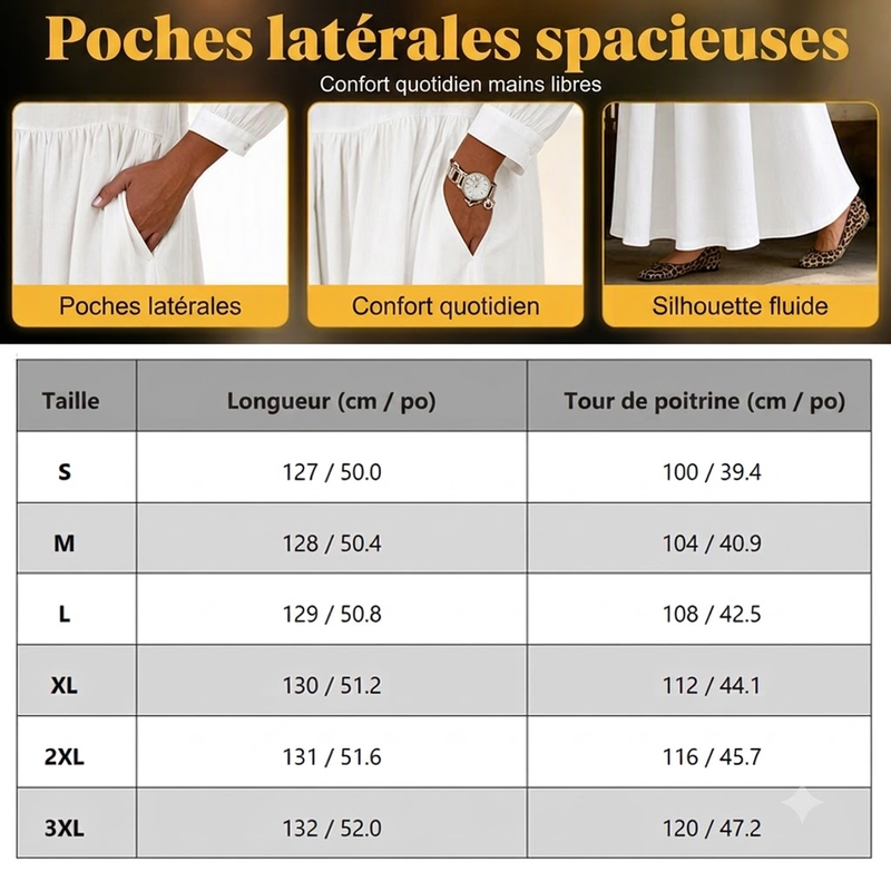 Robe longue maxi à manches longues et coupe ample pour femme, avec poches