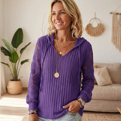 Pull à capuche chic pour femmes avec manches en dentelle