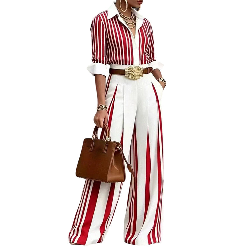 Chemise à rayures décontractée pour femme et pantalon à jambes larges