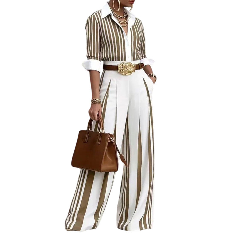 Chemise à rayures décontractée pour femme et pantalon à jambes larges