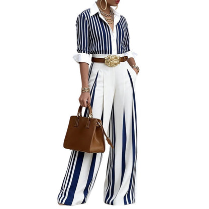 Chemise à rayures décontractée pour femme et pantalon à jambes larges