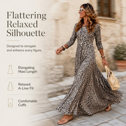 Robe longue à manches longues décontractée pour femme, imprimé léopard