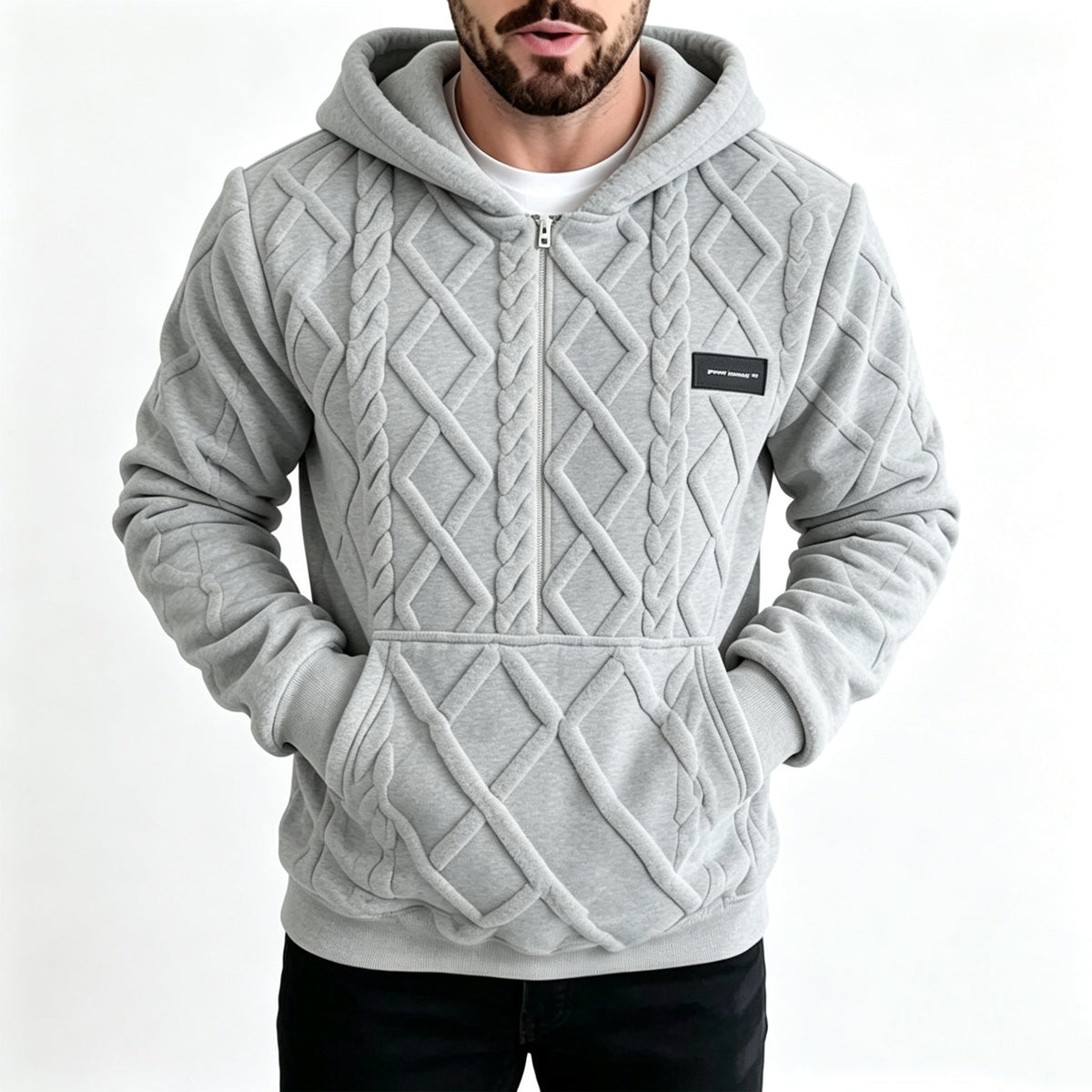 Hoodie pour homme en tricot torsadé texturé effet diamant en peluche