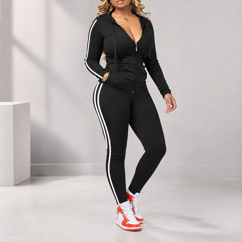 Ensemble sweat à capuche zippé rayé et pantalon pour femme