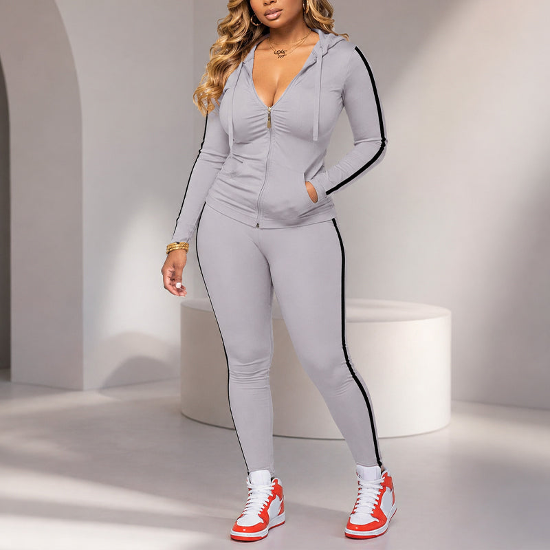 Ensemble sweat à capuche zippé rayé et pantalon pour femme