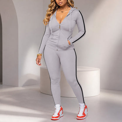 Ensemble sweat à capuche zippé rayé et pantalon pour femme