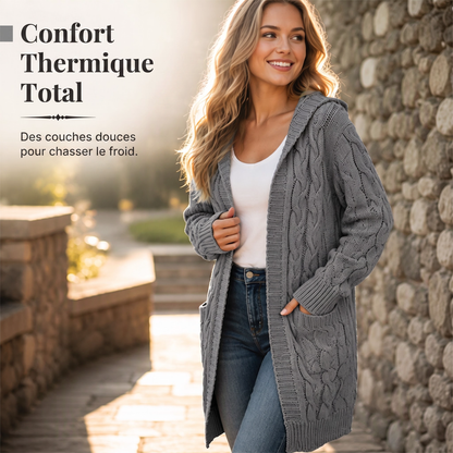 Cardigan long à capuche en maille avec poches pour femme