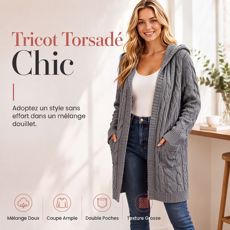 Cardigan long à capuche en maille avec poches pour femme