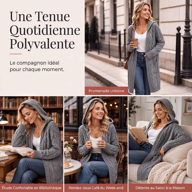 Cardigan long à capuche en maille avec poches pour femme