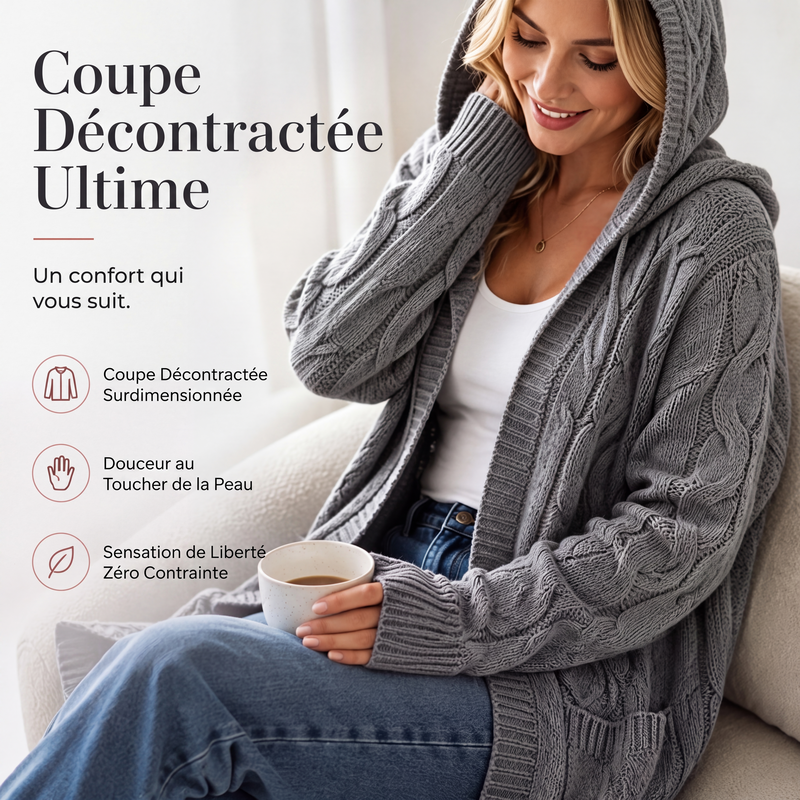 Cardigan long à capuche en maille avec poches pour femme
