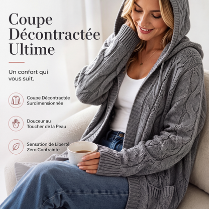 Cardigan long à capuche en maille avec poches pour femme