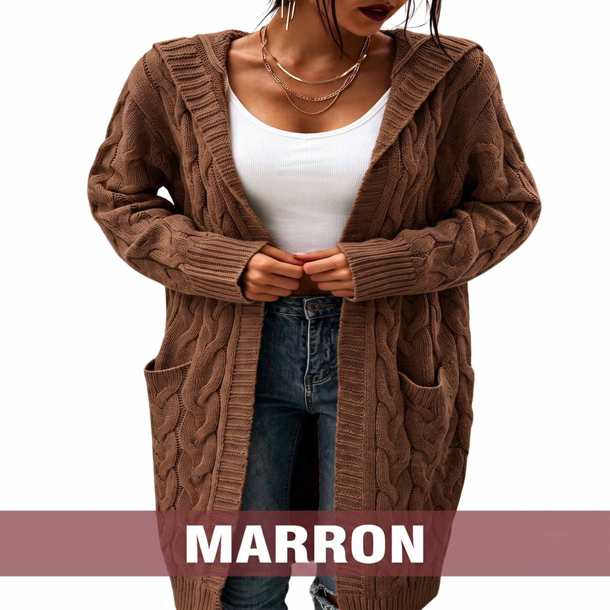 Cardigan long à capuche en maille avec poches pour femme