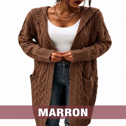 Cardigan long à capuche en maille avec poches pour femme