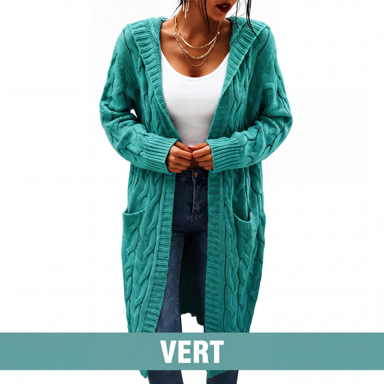 Cardigan long à capuche en maille avec poches pour femme