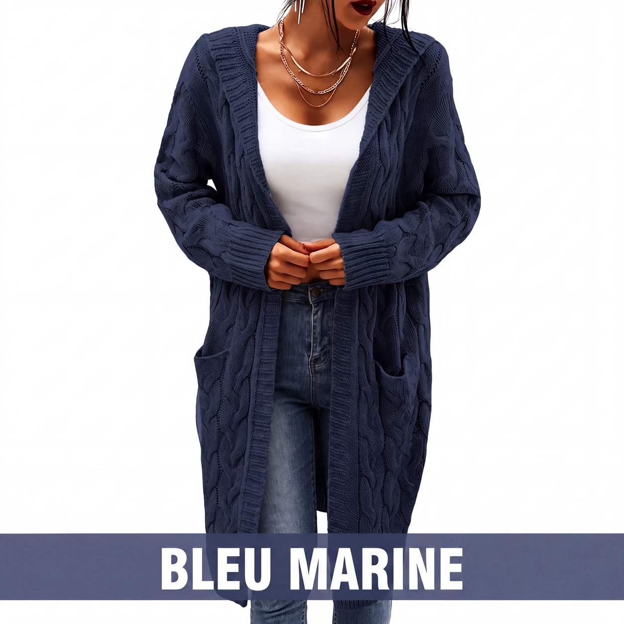 Cardigan long à capuche en maille avec poches pour femme