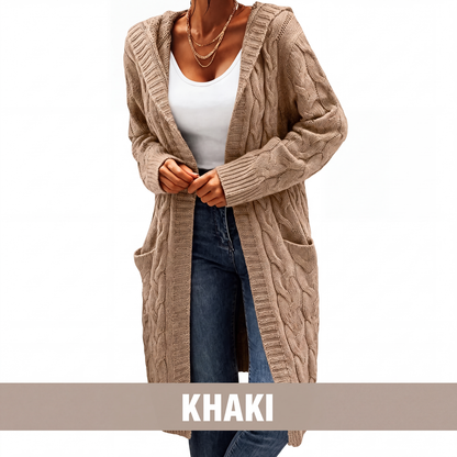 Cardigan long à capuche en maille avec poches pour femme
