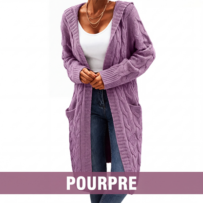 Cardigan long à capuche en maille avec poches pour femme