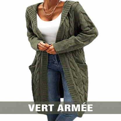 Cardigan long à capuche en maille avec poches pour femme