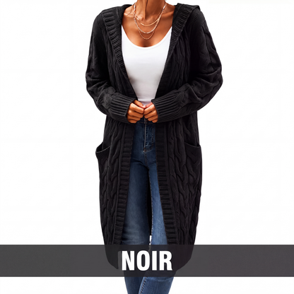 Cardigan long à capuche en maille avec poches pour femme