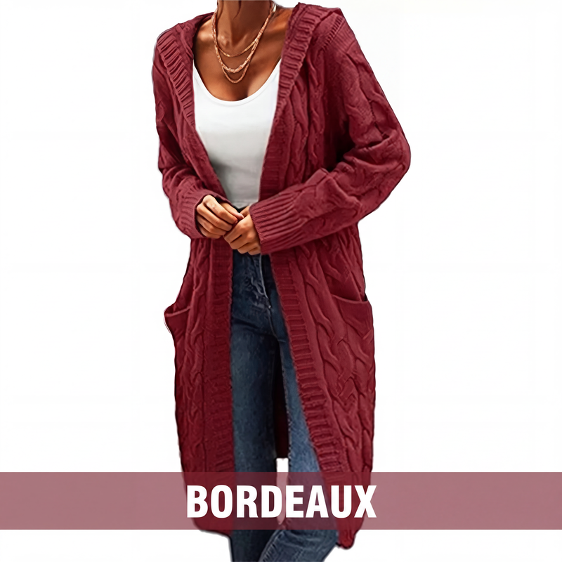 Cardigan long à capuche en maille avec poches pour femme