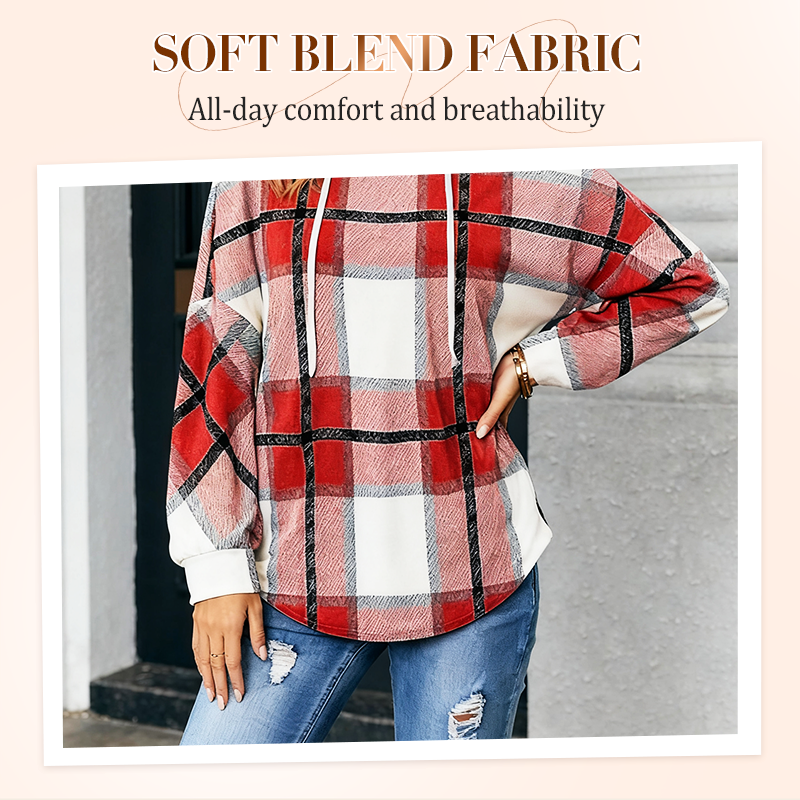 T-shirts à col en V, à manches longues, à capuche et à cordon de serrage, à carreaux, pour femme