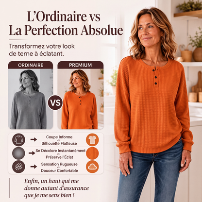 💥‑50 % DE RÉDUCTION ! 👚 Sweat-shirt décontracté en maille gaufrée pour femme – Coupe ample, manches longues, col boutonné