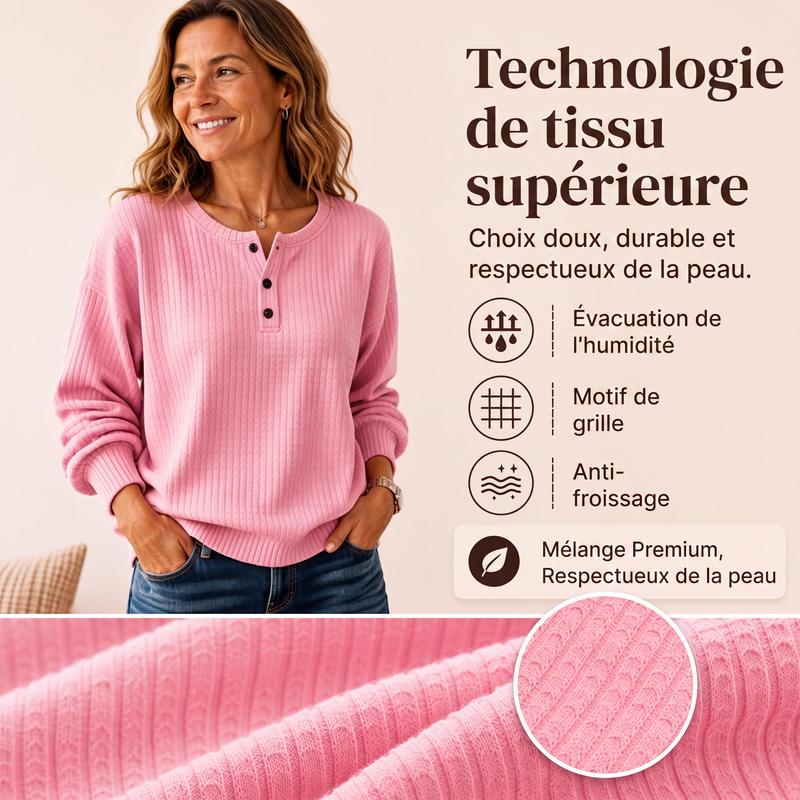 💥‑50 % DE RÉDUCTION ! 👚 Sweat-shirt décontracté en maille gaufrée pour femme – Coupe ample, manches longues, col boutonné