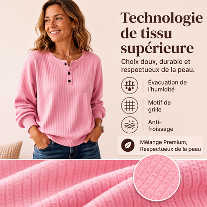 💥‑50 % DE RÉDUCTION ! 👚 Sweat-shirt décontracté en maille gaufrée pour femme – Coupe ample, manches longues, col boutonné