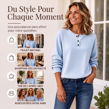 💥‑50 % DE RÉDUCTION ! 👚 Sweat-shirt décontracté en maille gaufrée pour femme – Coupe ample, manches longues, col boutonné