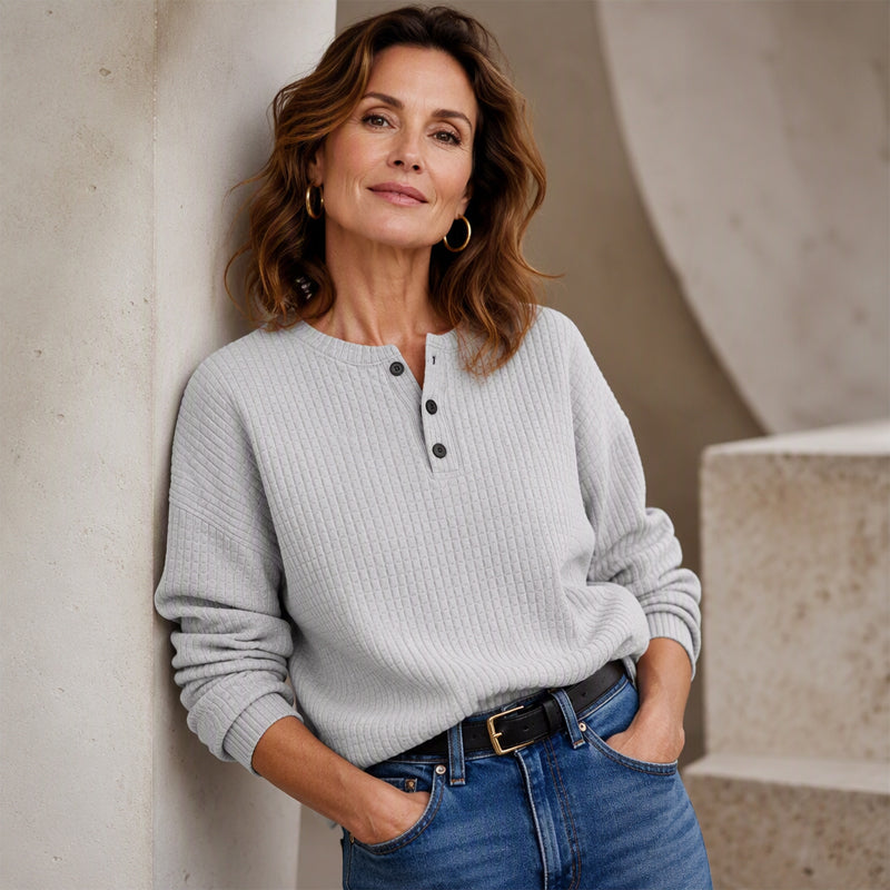 💥‑50 % DE RÉDUCTION ! 👚 Sweat-shirt décontracté en maille gaufrée pour femme – Coupe ample, manches longues, col boutonné