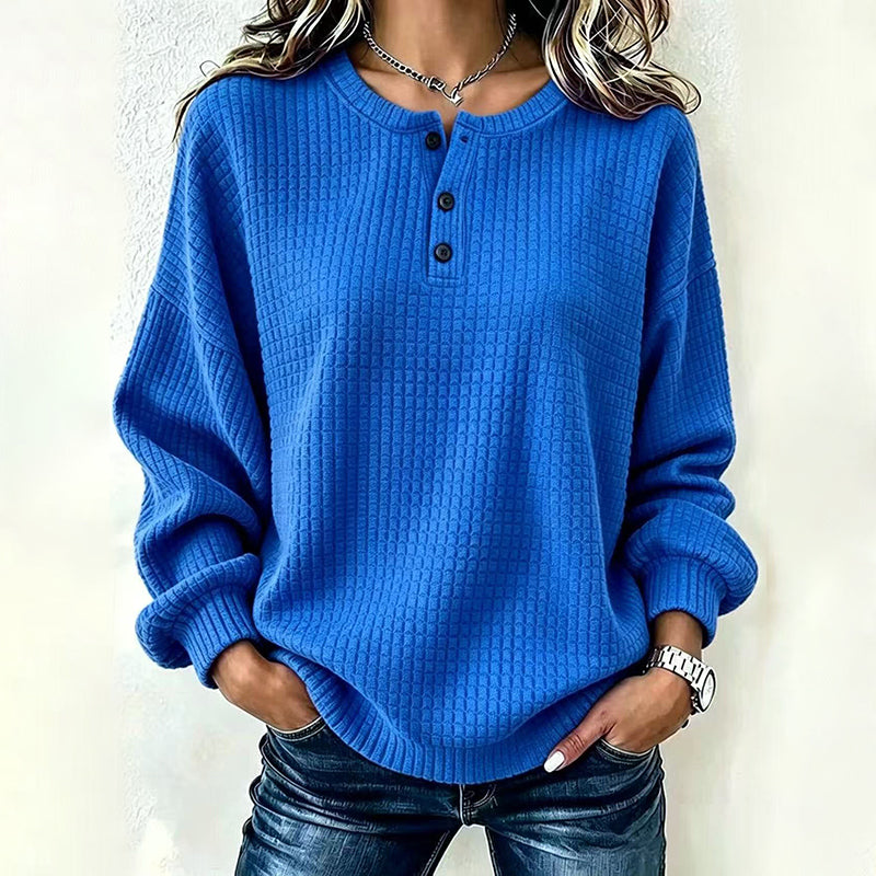 💥‑50 % DE RÉDUCTION ! 👚 Sweat-shirt décontracté en maille gaufrée pour femme – Coupe ample, manches longues, col boutonné