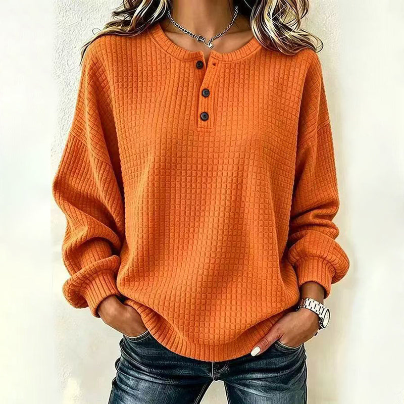 💥‑50 % DE RÉDUCTION ! 👚 Sweat-shirt décontracté en maille gaufrée pour femme – Coupe ample, manches longues, col boutonné