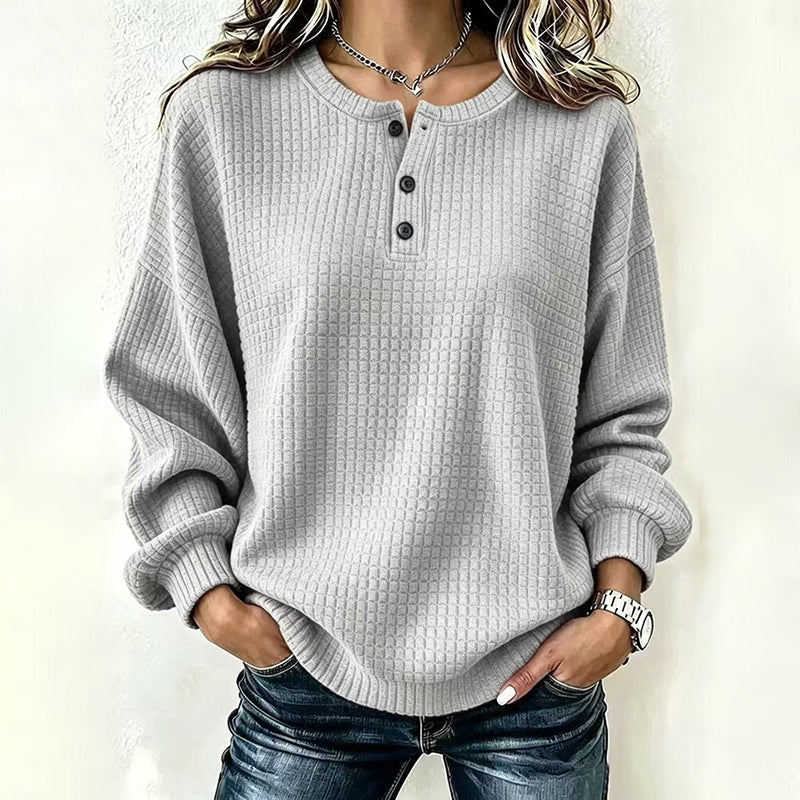 💥‑50 % DE RÉDUCTION ! 👚 Sweat-shirt décontracté en maille gaufrée pour femme – Coupe ample, manches longues, col boutonné