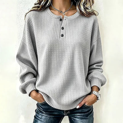 💥‑50 % DE RÉDUCTION ! 👚 Sweat-shirt décontracté en maille gaufrée pour femme – Coupe ample, manches longues, col boutonné