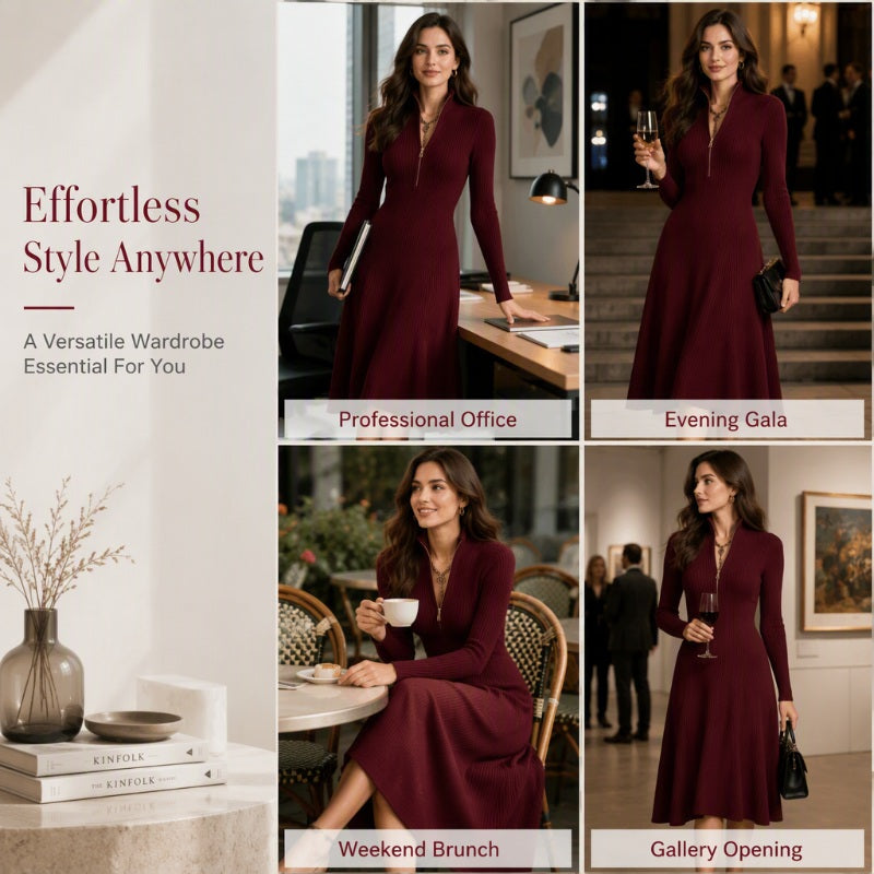 ⌛Offre à durée limitée – Robe femme en maille côtelée, coupe ajustée, avec demi-fermeture éclair