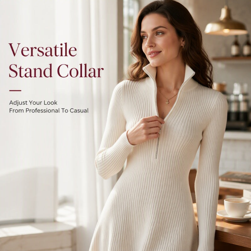 ⌛Offre à durée limitée – Robe femme en maille côtelée, coupe ajustée, avec demi-fermeture éclair