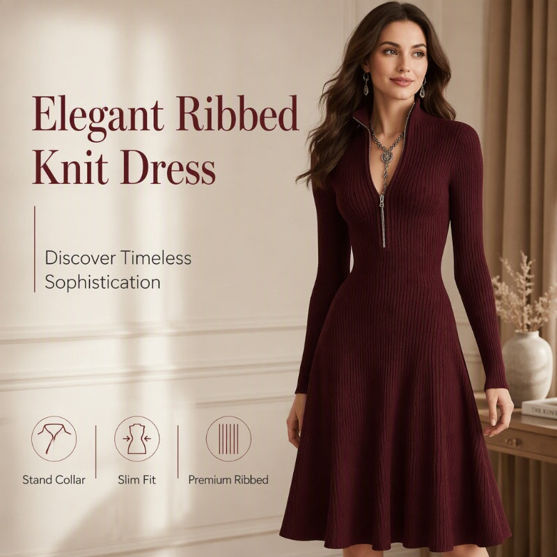 ⌛Offre à durée limitée – Robe femme en maille côtelée, coupe ajustée, avec demi-fermeture éclair