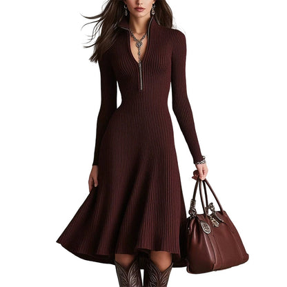 ⌛Offre à durée limitée – Robe femme en maille côtelée, coupe ajustée, avec demi-fermeture éclair