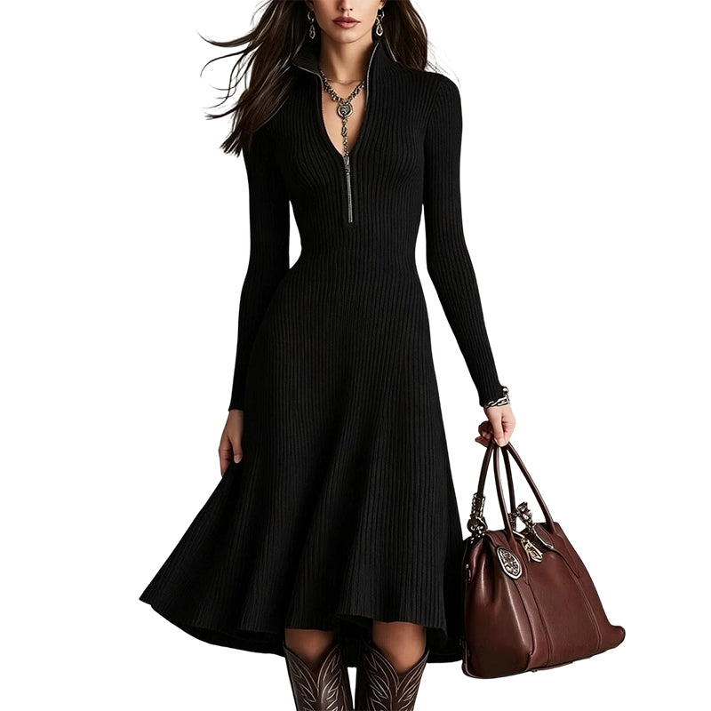 ⌛Offre à durée limitée – Robe femme en maille côtelée, coupe ajustée, avec demi-fermeture éclair