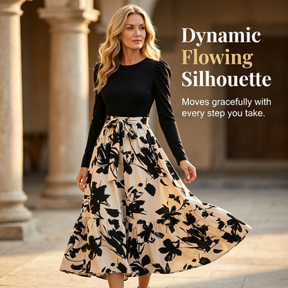 Robe longue à manches longues et coupe trapèze à motif floral pour femme