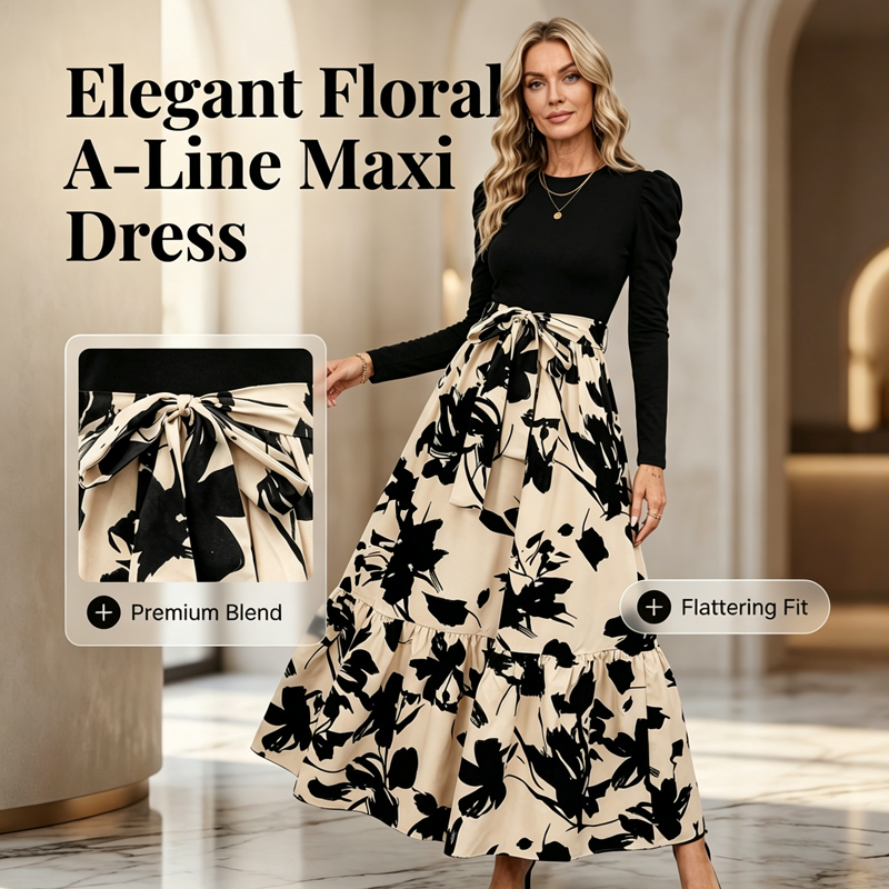 Robe longue à manches longues et coupe trapèze à motif floral pour femme