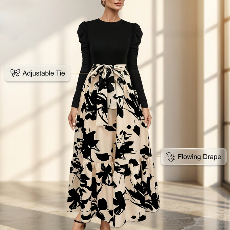 Robe longue à manches longues et coupe trapèze à motif floral pour femme
