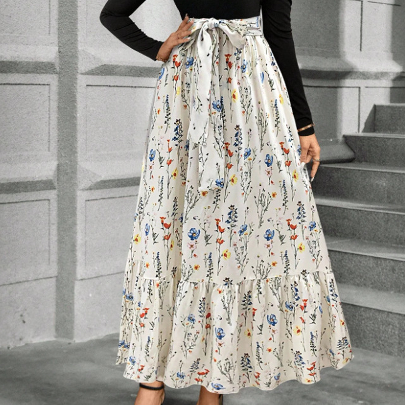 Robe longue à manches longues et coupe trapèze à motif floral pour femme