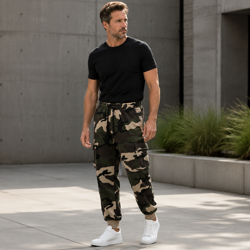 Pantalon cargo de sport camouflage à cordon de serrage pour homme