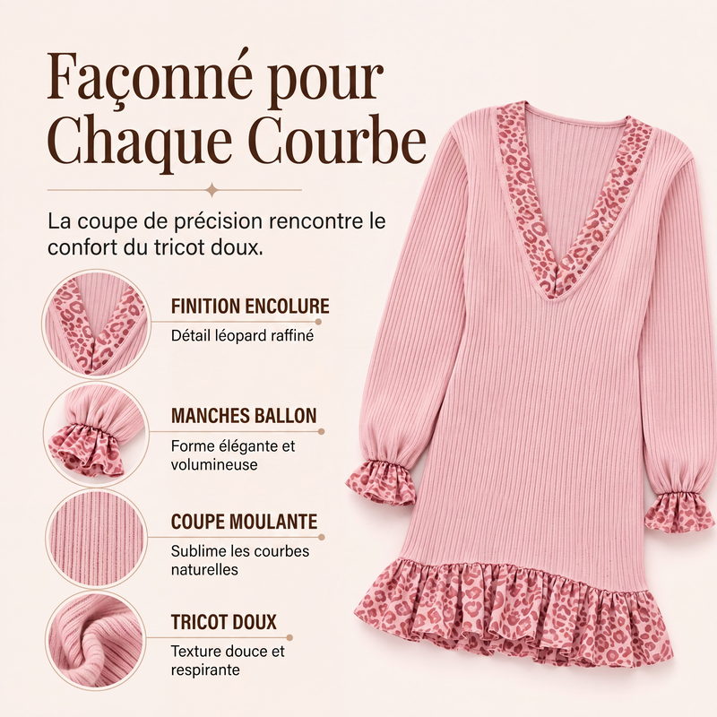 Robe en maille à col V et manches lanterne pour femme