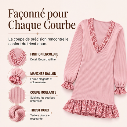 Robe en maille à col V et manches lanterne pour femme